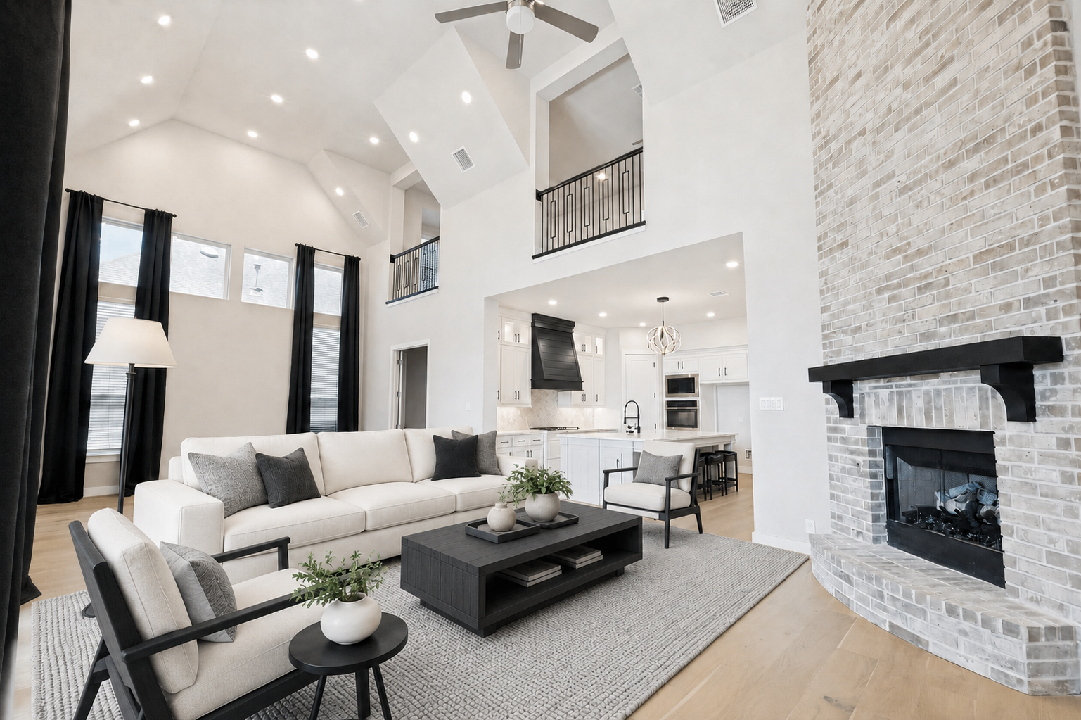 Two-story great room, virtually staged