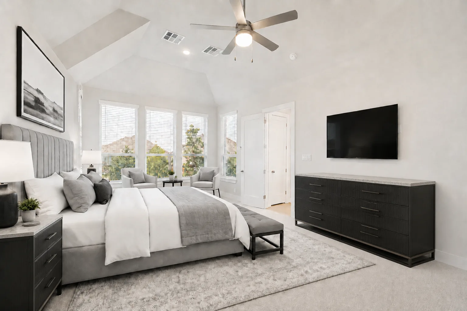 Primary suite, virtually staged